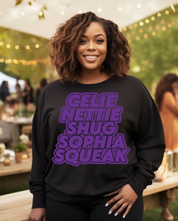 THE COLOR PURPLE SWEAT SHIRT NAMES